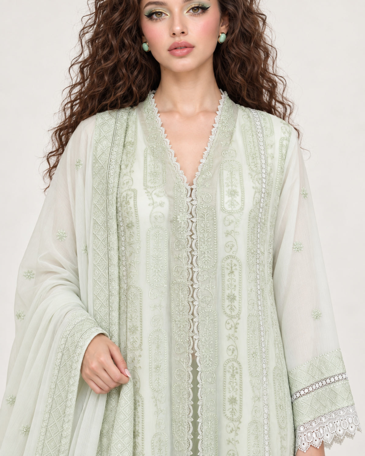 SUKOON — Light Pistachio Embroidered Chiffon Fustan
