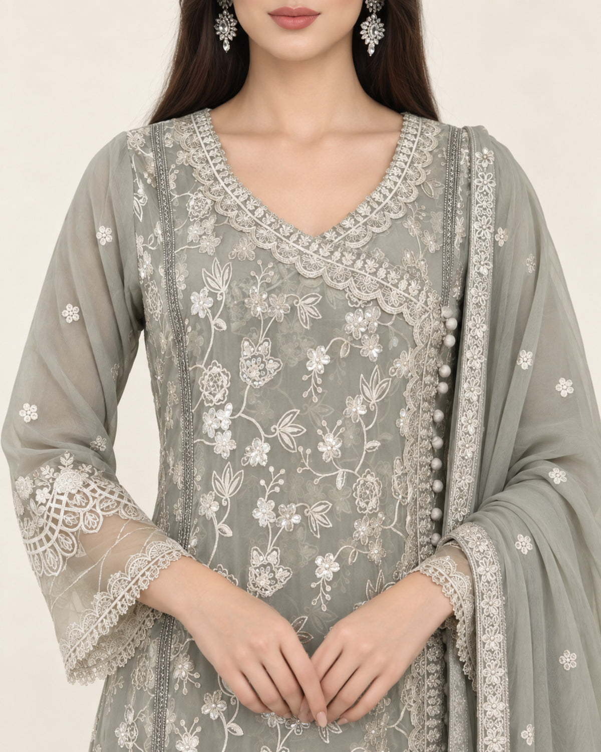 Noura Sage Embroidered Chiffon Fustan