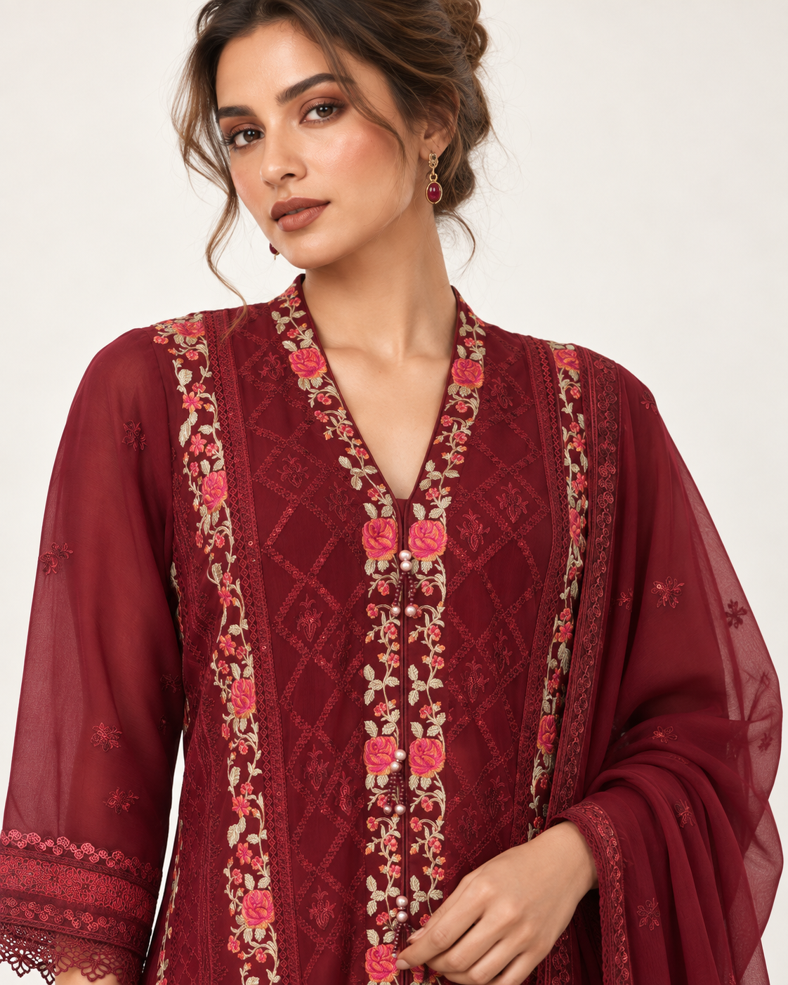Mahira Burgundy Rose Chiffon Fustan
