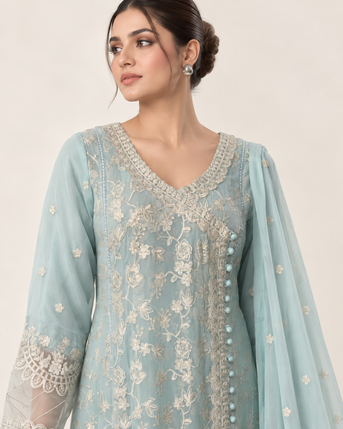 Azure Pearl Embroidered Chiffon Fustan