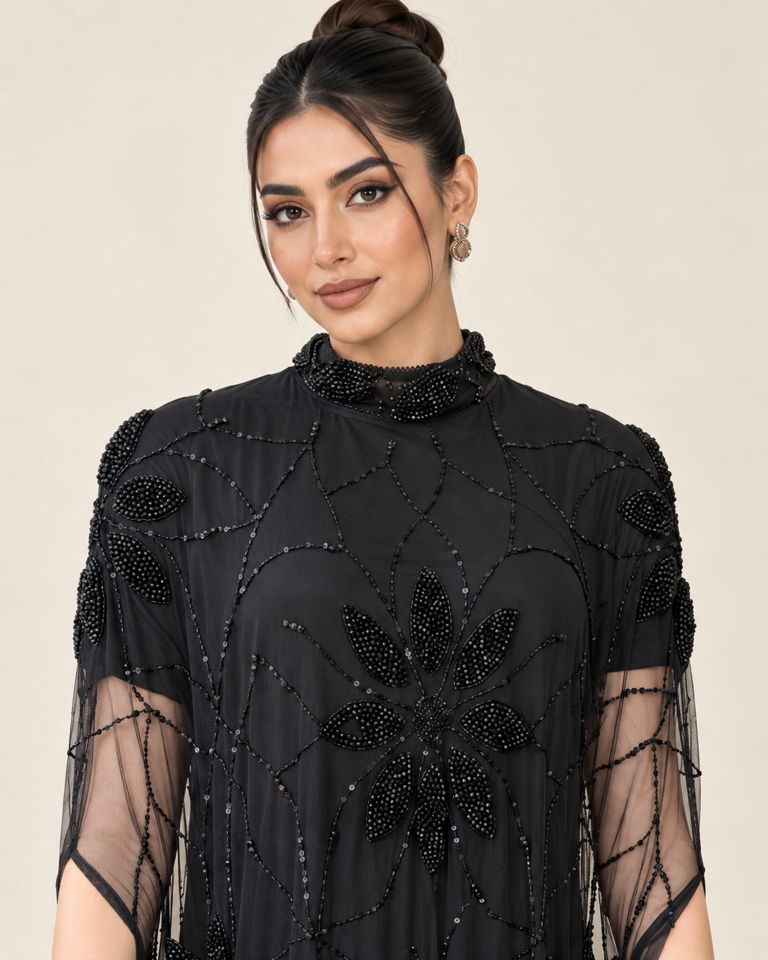 Layali Black Beaded Cashmere Kaftan