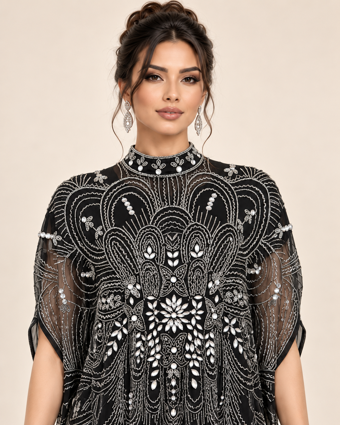 Sahar Black Crystal Cashmere Kaftan