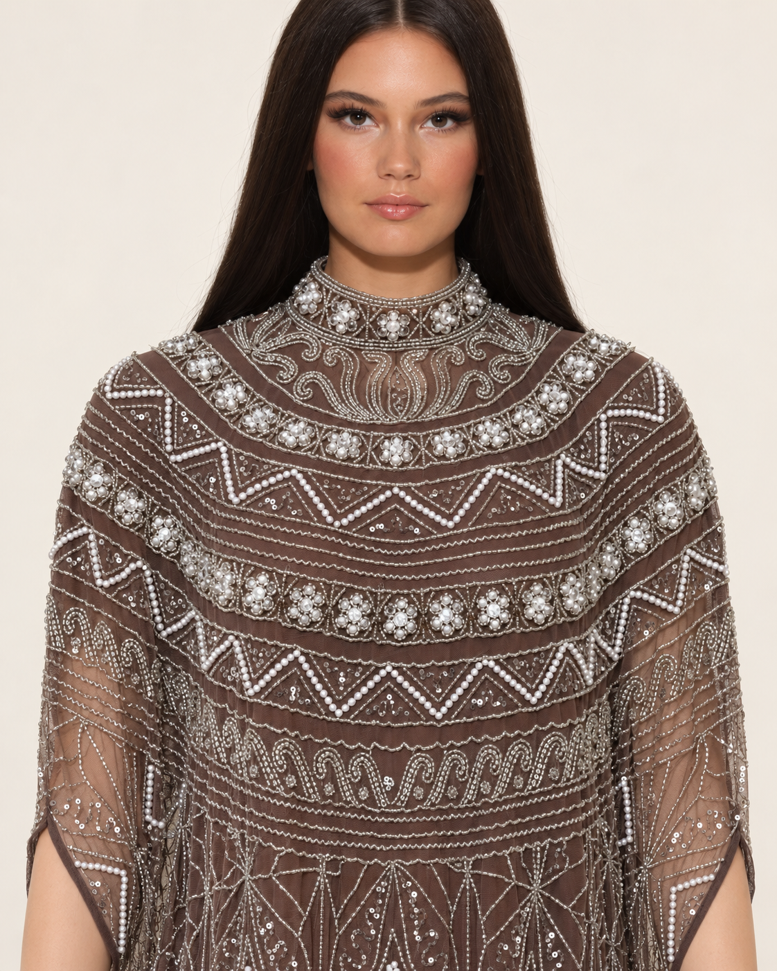 Ilham Mocha Pearl Handwork Cashmere Kaftan
