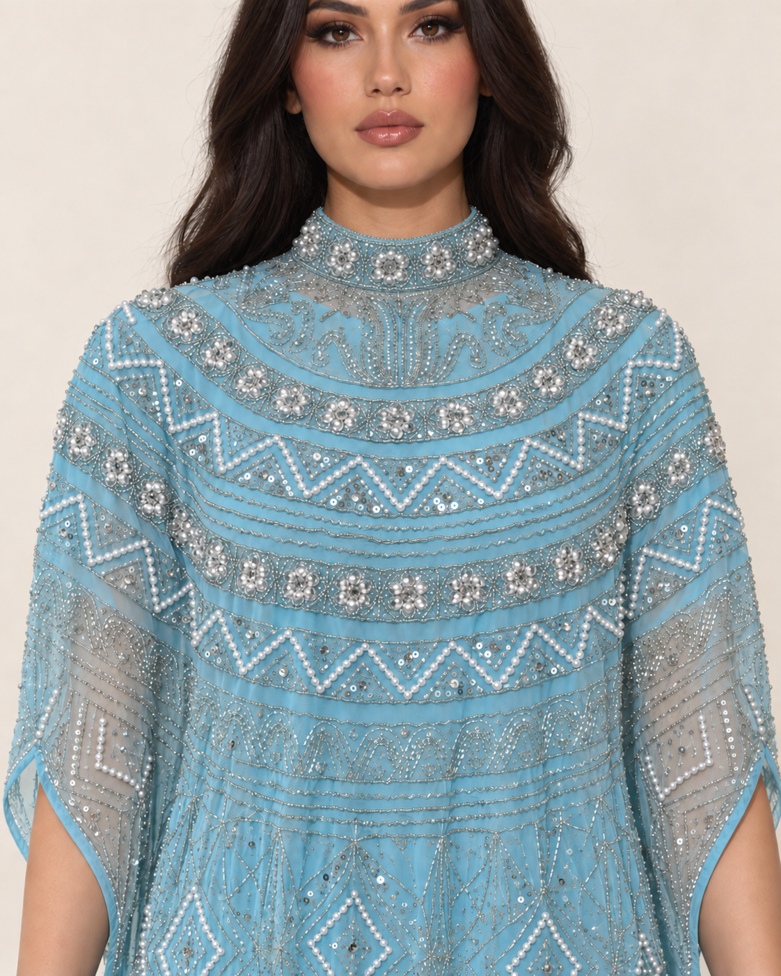 Mayar Sky Blue Pearl Handwork Cashmere Kaftan