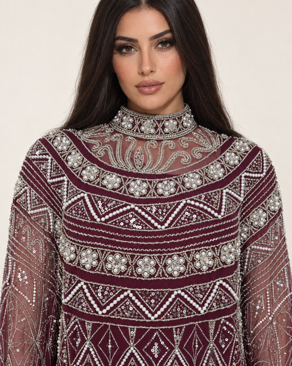 Thuraya Burgundy Pearl Handwork Cashmere Kaftan