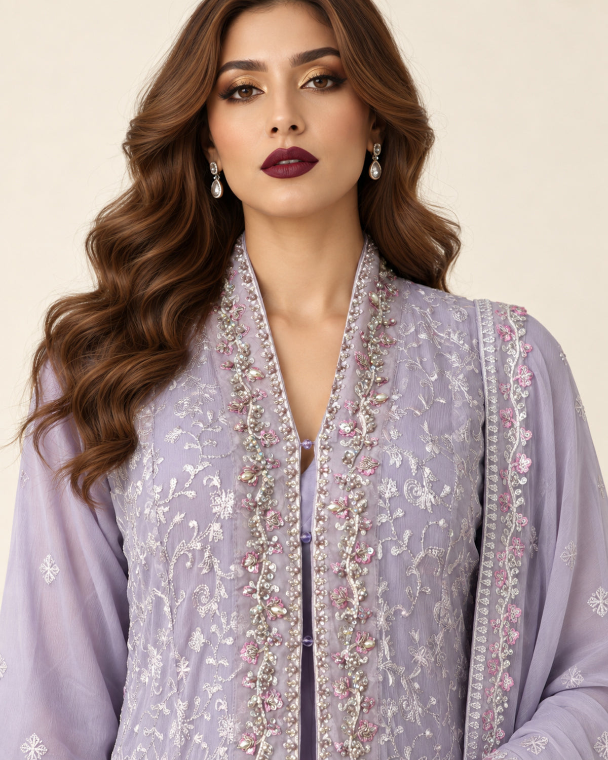 Lilac Reverie Pearl-Embroidered Chiffon Fustan