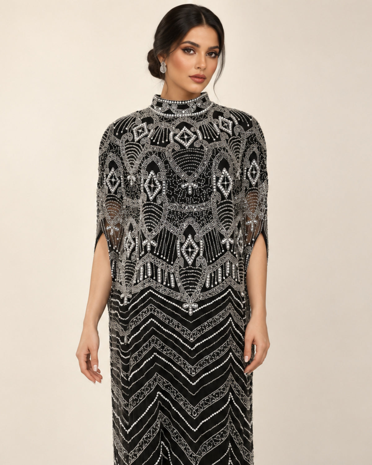 Layali Noir Beaded Cashmere Kaftan