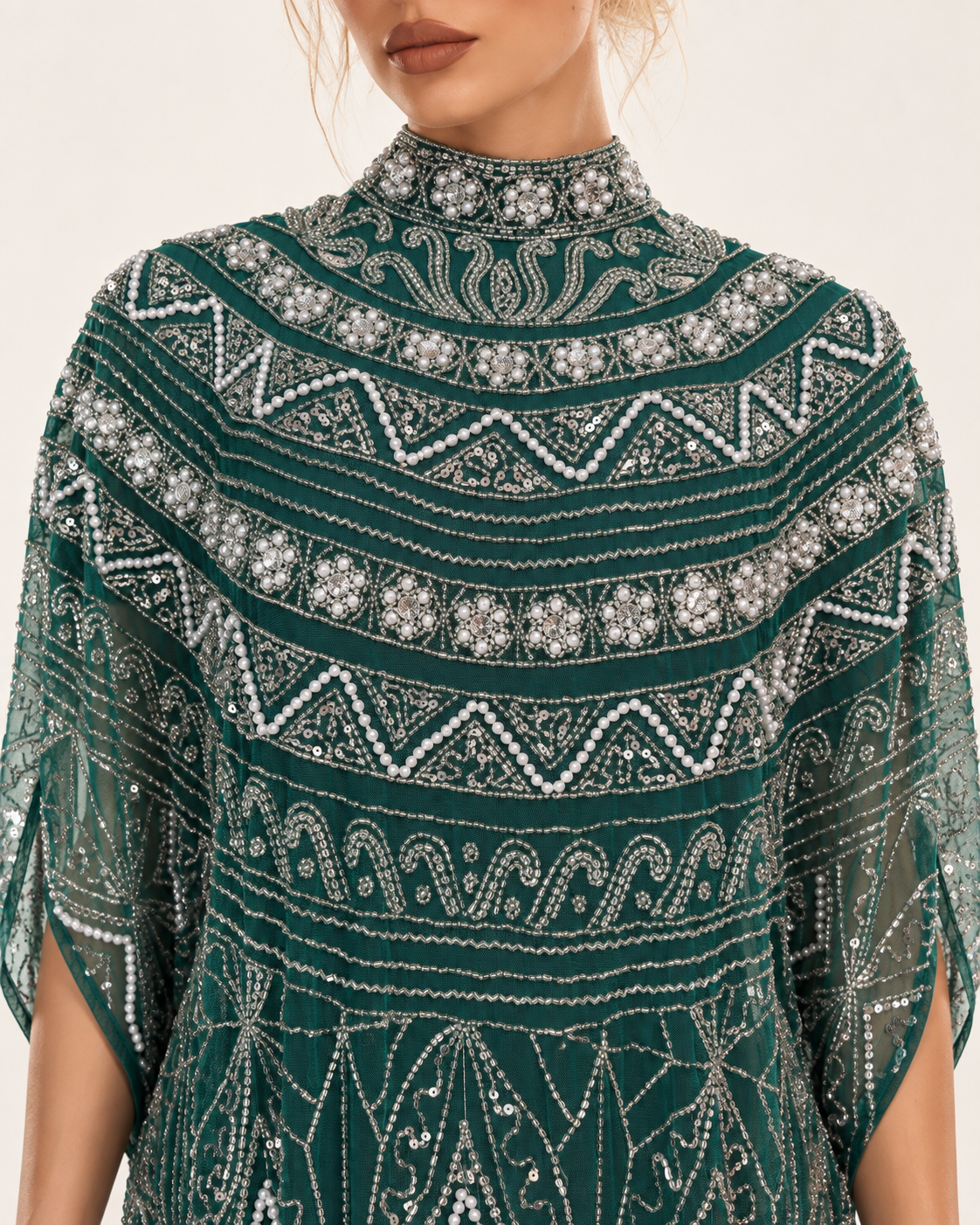 Zahra Emerald Pearl-Beaded Cashmere Kaftan