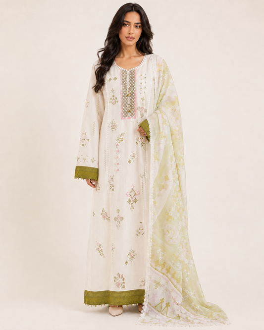 Wardah Ivory Cotton Embroidered Jalabiya
