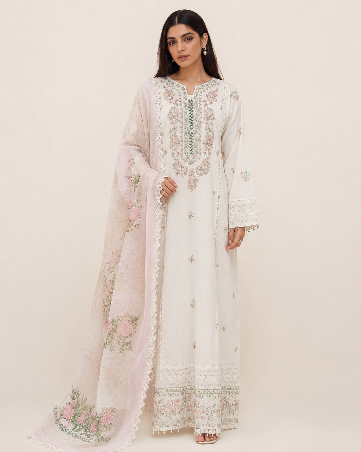 Liyana Ivory Bloom Cotton Embroidered Jalabiya