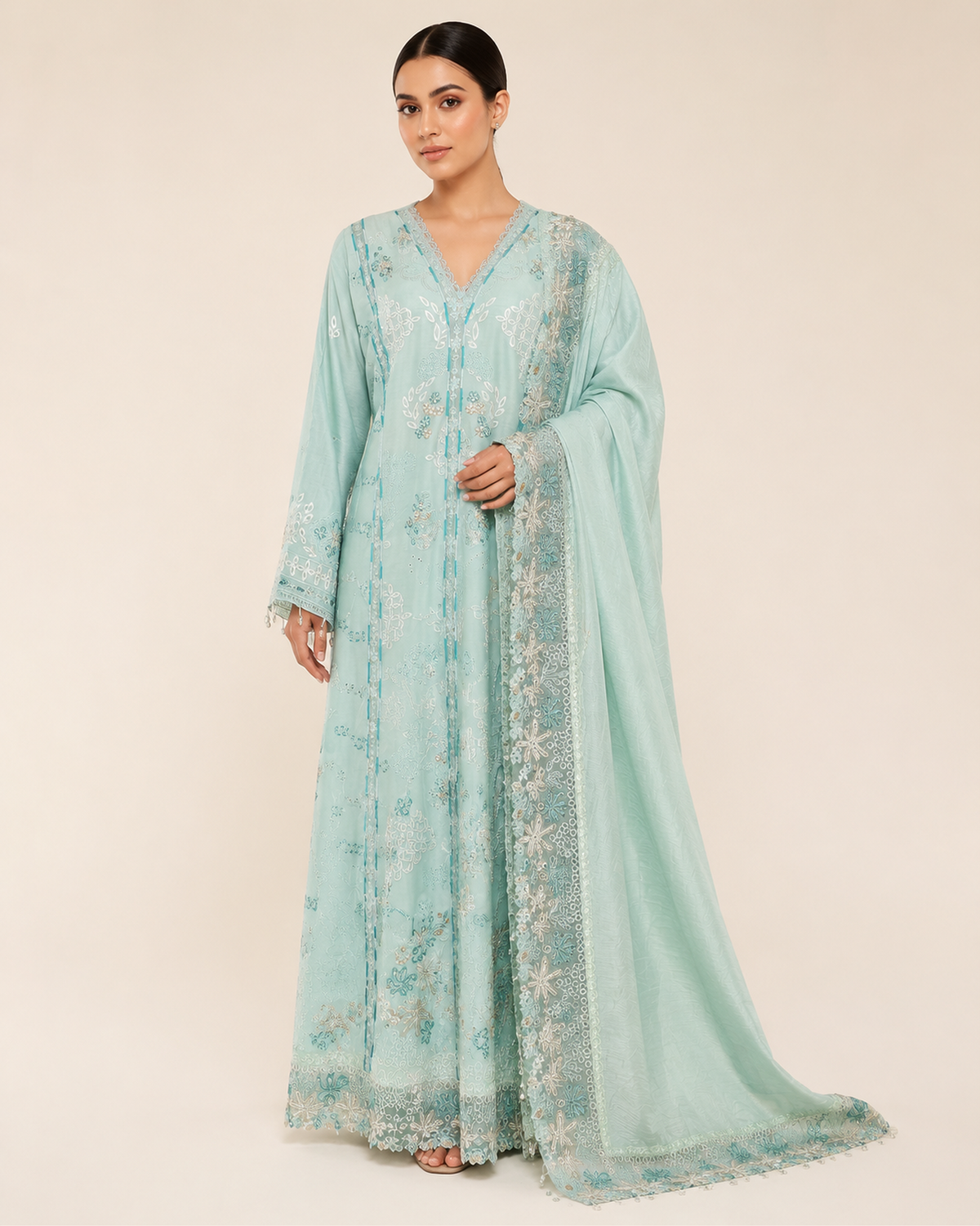 Ayla Seafoam Cotton Embroidered Jalabiya