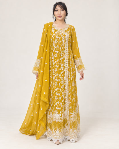 ALAM’S MAHABAT — Mustard Embroidered Chiffon Fustan