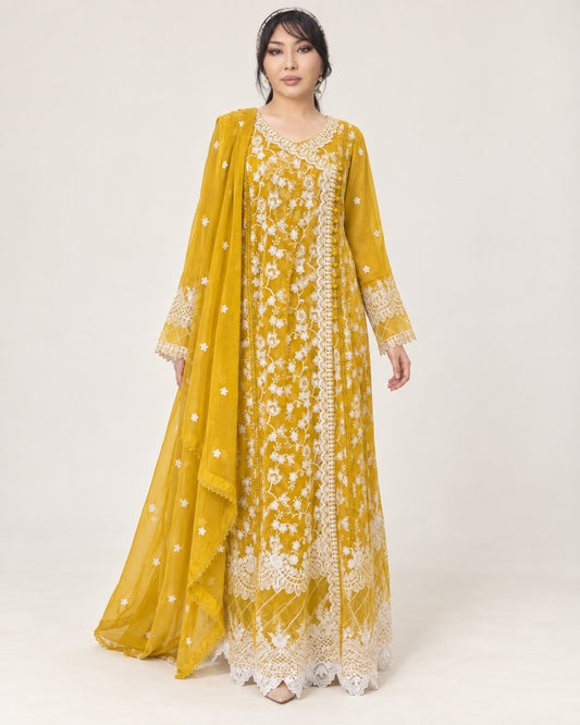 ALAM’S MAHABAT — Mustard Embroidered Chiffon Fustan