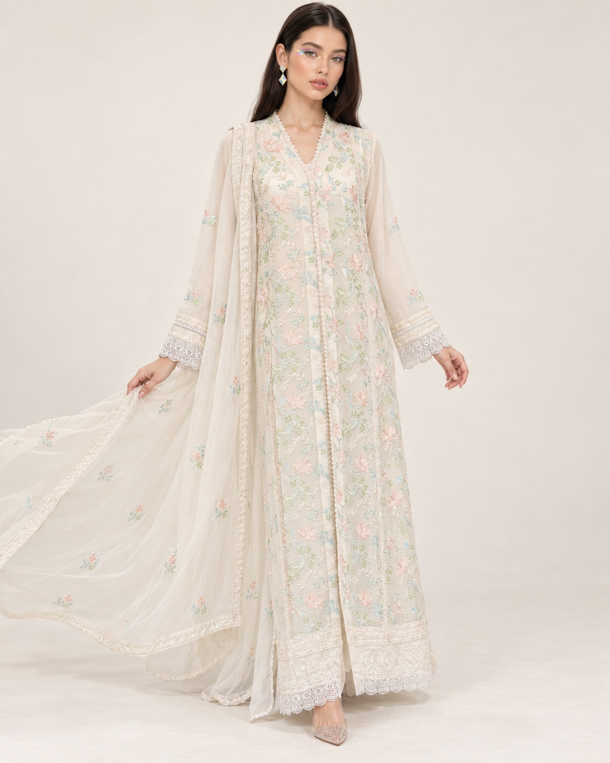 Elara Ivory Pastel Floral Multi-colour Chiffon Fustan