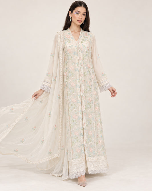Elara Ivory Pastel Floral Multi-colour Chiffon Fustan