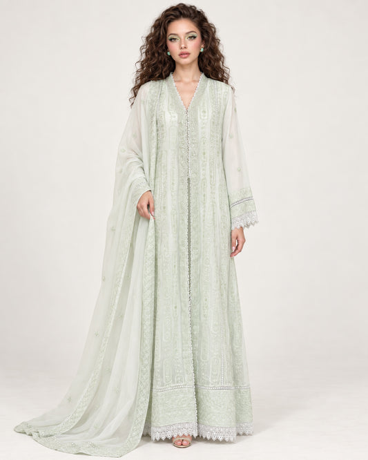 SUKOON — Light Pistachio Embroidered Chiffon Fustan