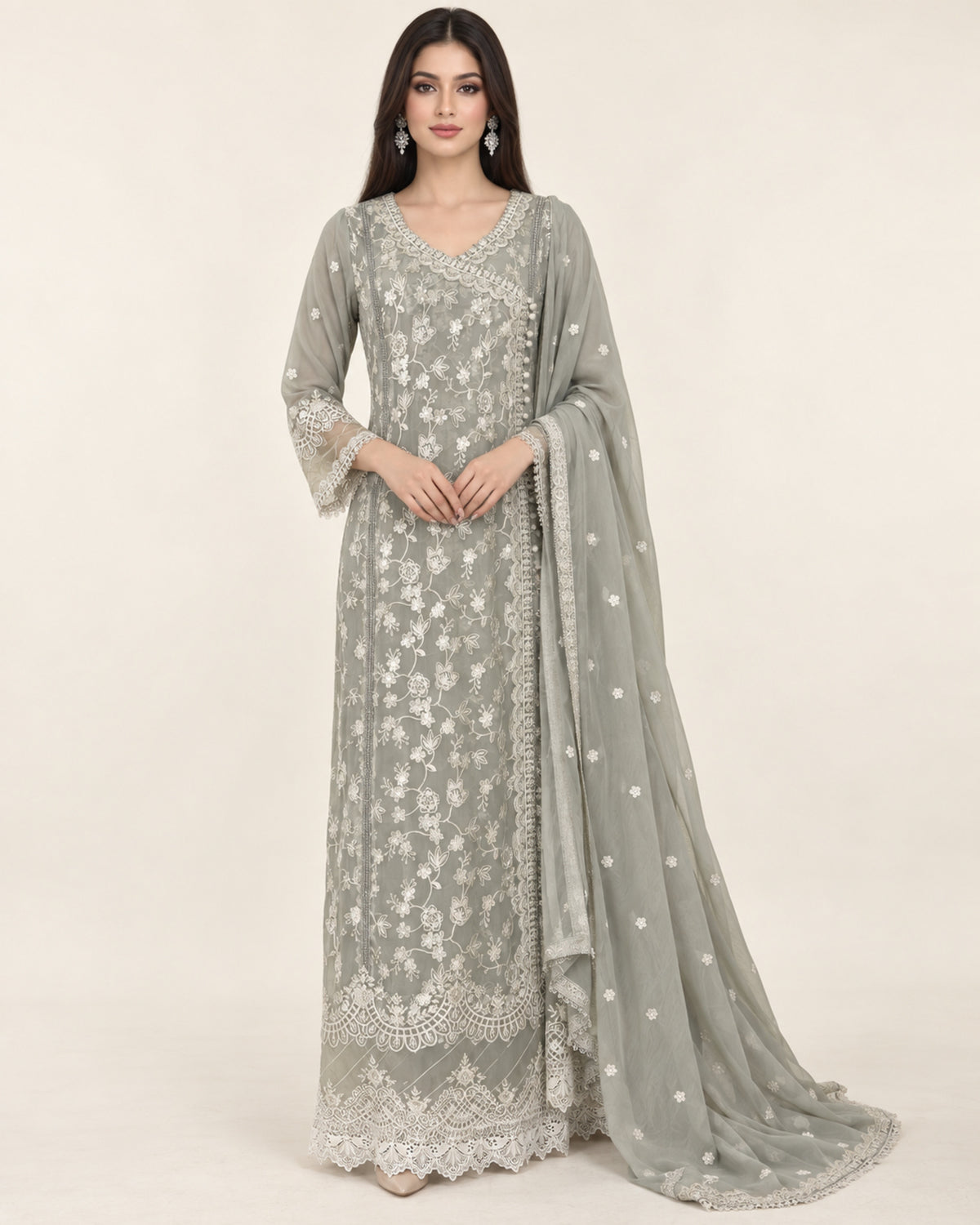 Noura Sage Embroidered Chiffon Fustan