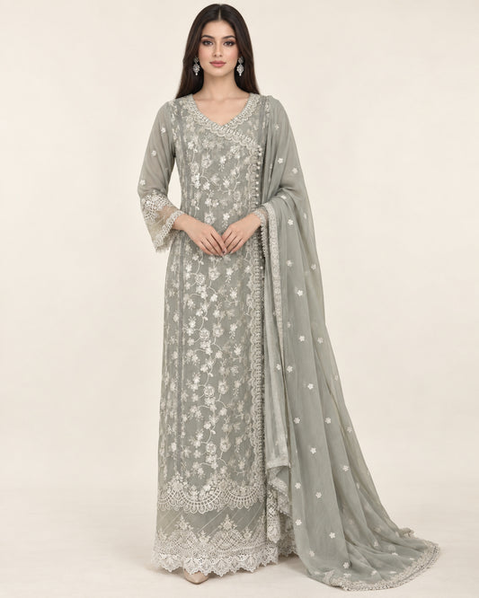 Noura Sage Embroidered Chiffon Fustan