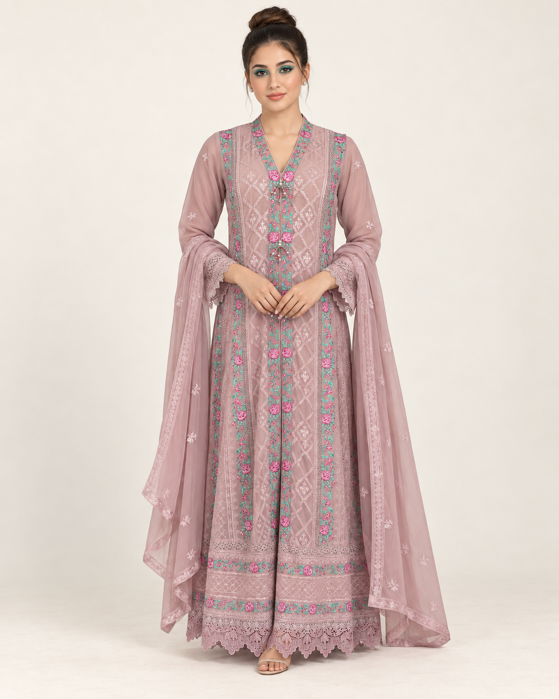 Wardat Al Fajr — Dusty Rose Embroidered Chiffon Fustan