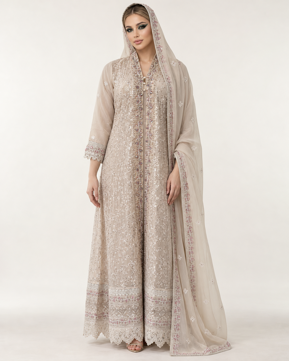 Sahar Al Noor Champagne Embroidered Fustan