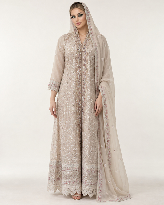 Sahar Al Noor Champagne Embroidered Fustan