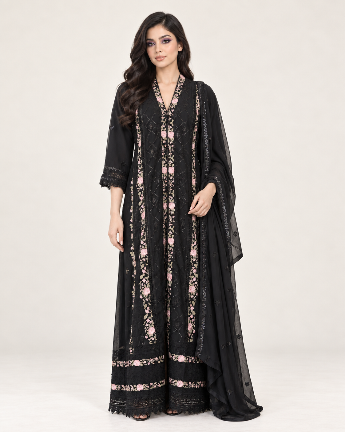 Wardat Al Layl — Black Rose Embroidered Chiffon Fustan