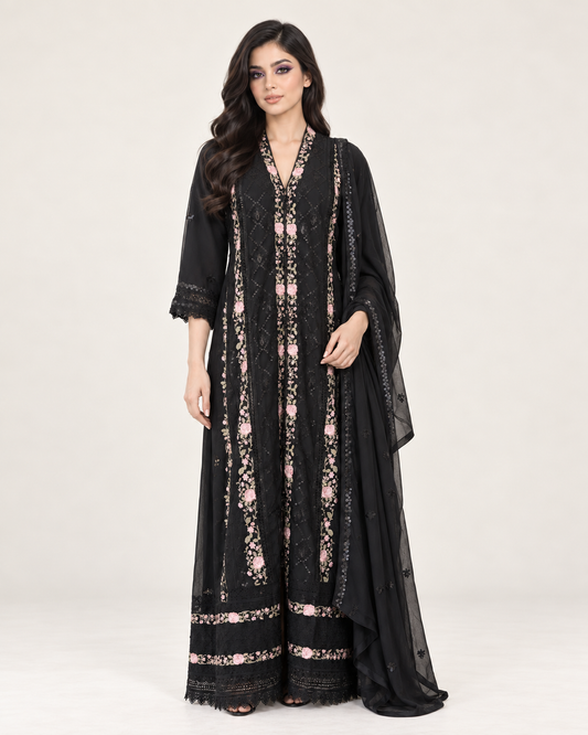 Wardat Al Layl — Black Rose Embroidered Chiffon Fustan