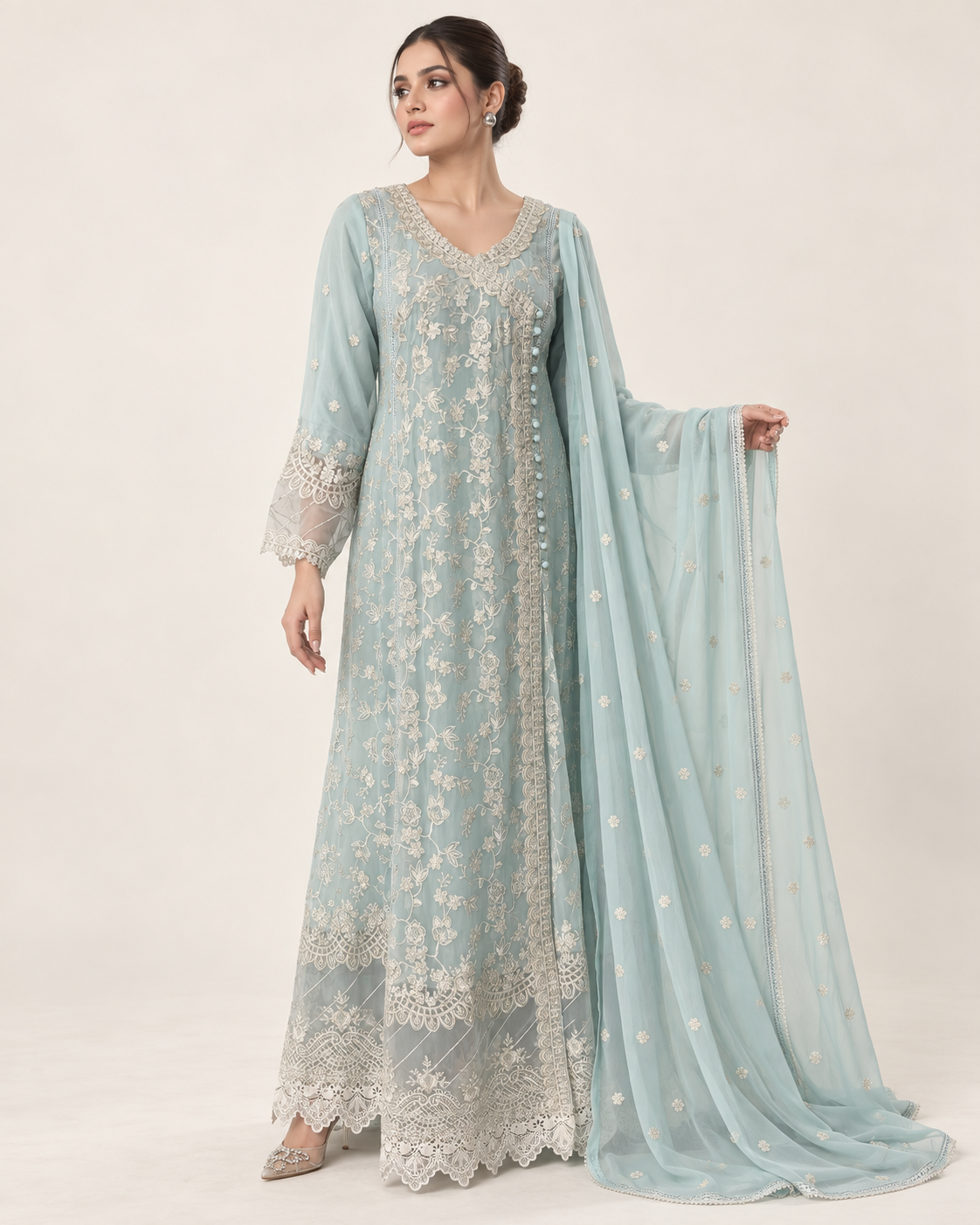 Azure Pearl Embroidered Chiffon Fustan