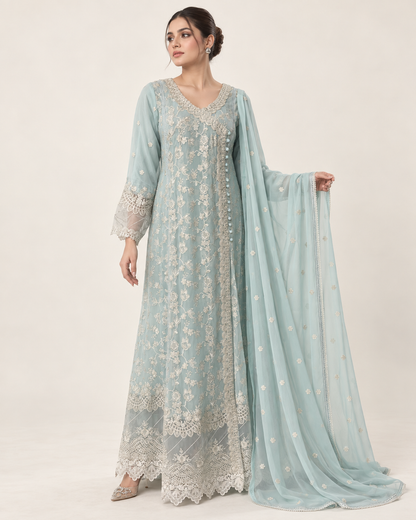 Azure Pearl Embroidered Chiffon Fustan