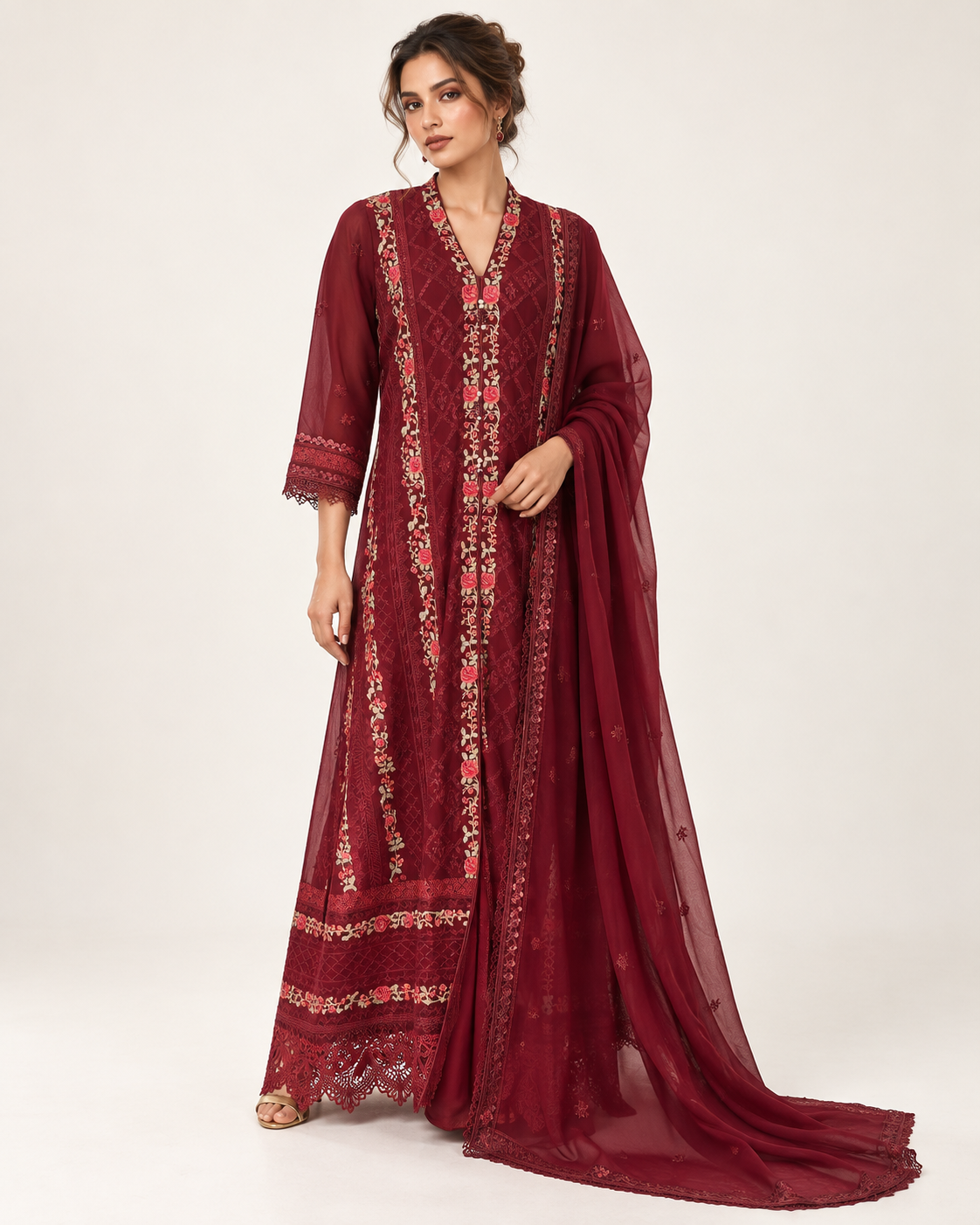 Mahira Burgundy Rose Chiffon Fustan