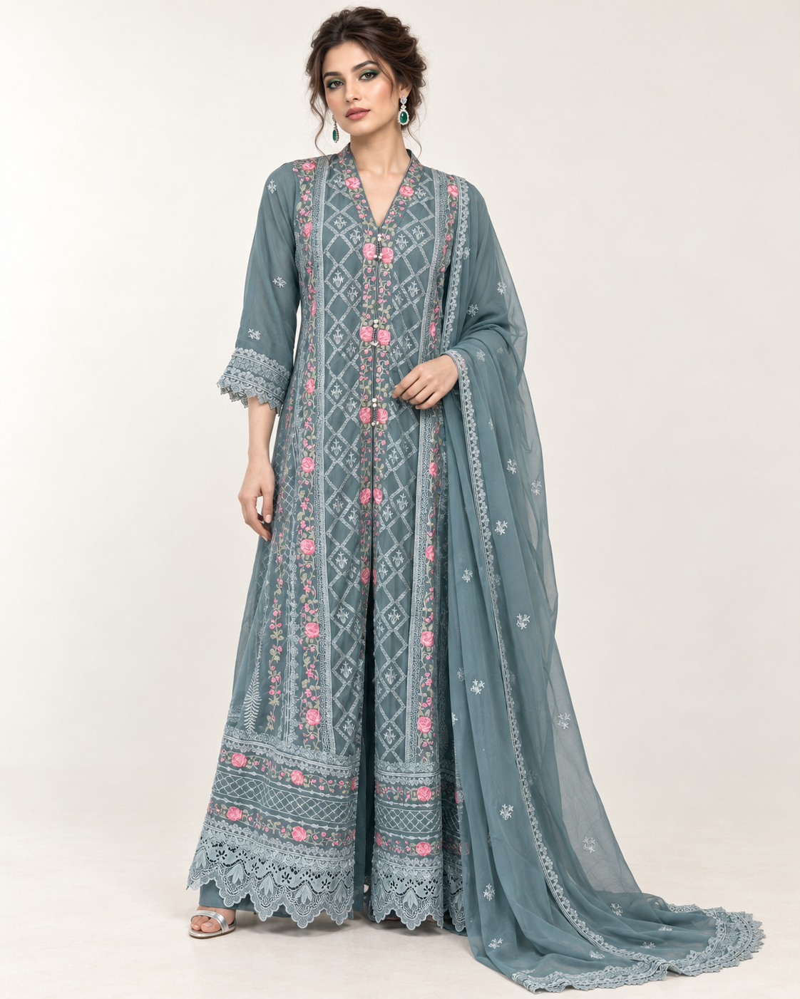 Riham Slate Rose Embroidered Chiffon Fustan