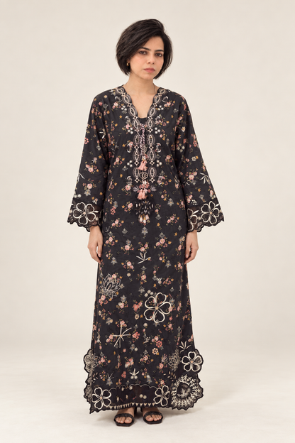 Shanzae — سیاہ | Cotton  black floral  Long Shirt & Trouser