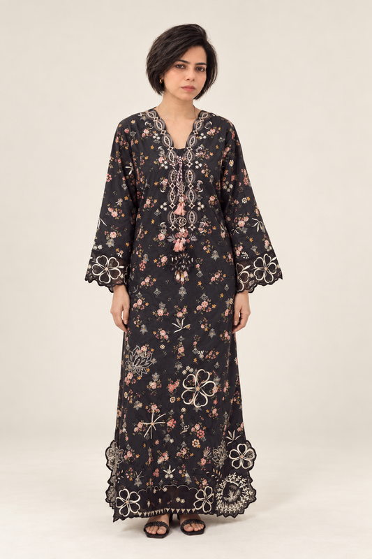 Shanzae — سیاہ | Cotton  black floral  Long Shirt & Trouser