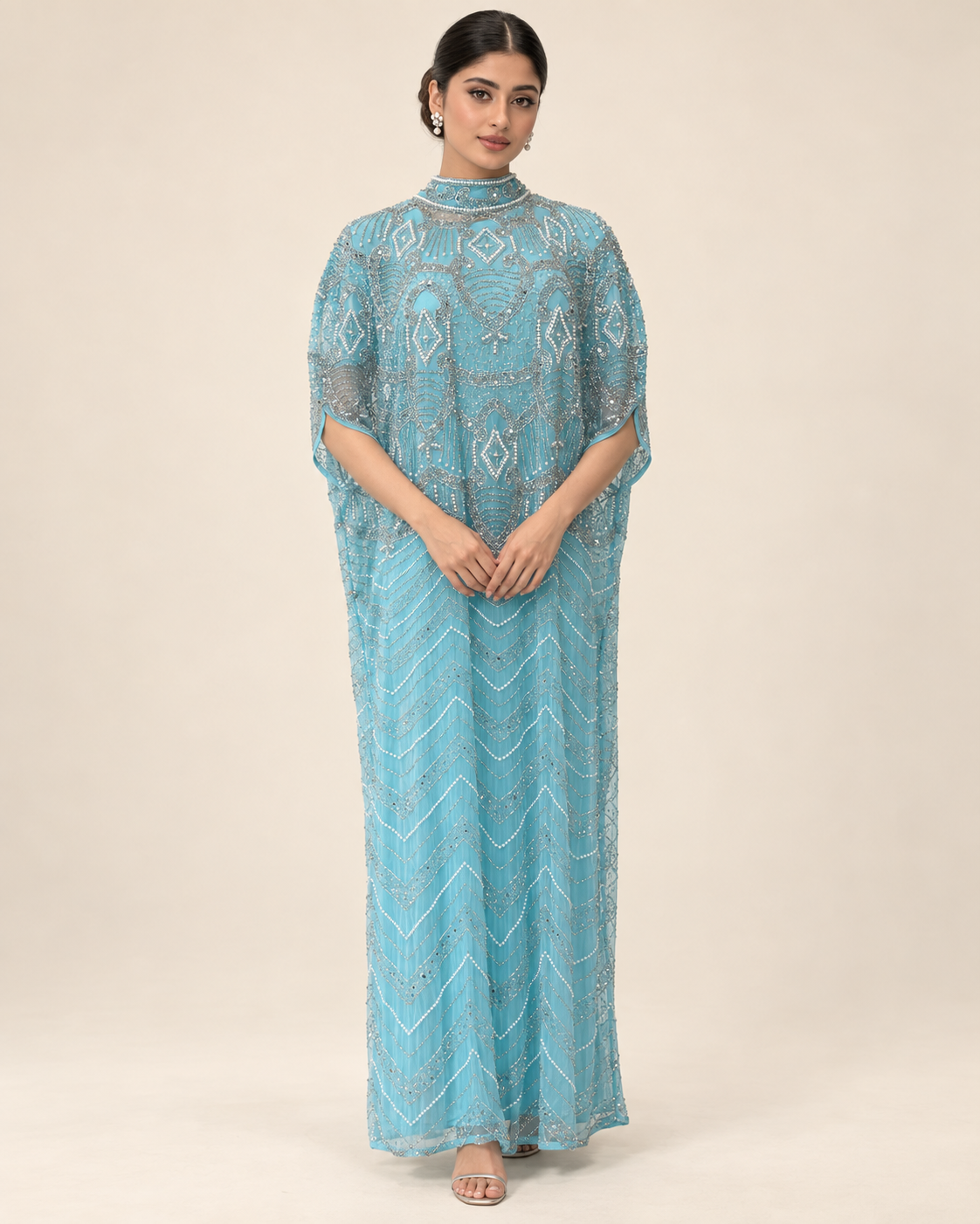 Lujain Aqua Pearl Cashmere Kaftan