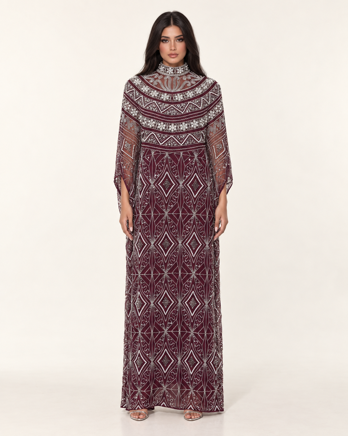 Thuraya Burgundy Pearl Handwork Cashmere Kaftan
