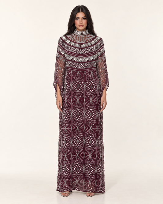 Thuraya Burgundy Pearl Handwork Cashmere Kaftan