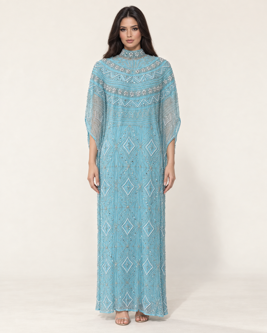 Mayar Sky Blue Pearl Handwork Cashmere Kaftan