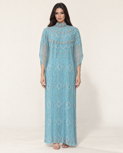 Mayar Sky Blue Pearl Handwork Cashmere Kaftan