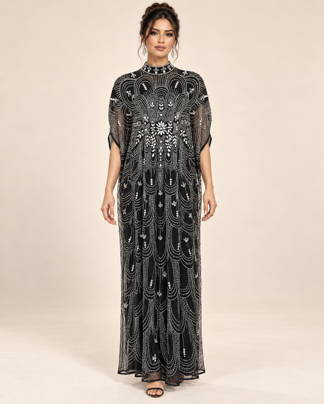 Sahar Black Crystal Cashmere Kaftan