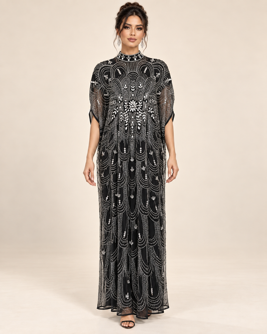 Sahar Black Crystal Cashmere Kaftan