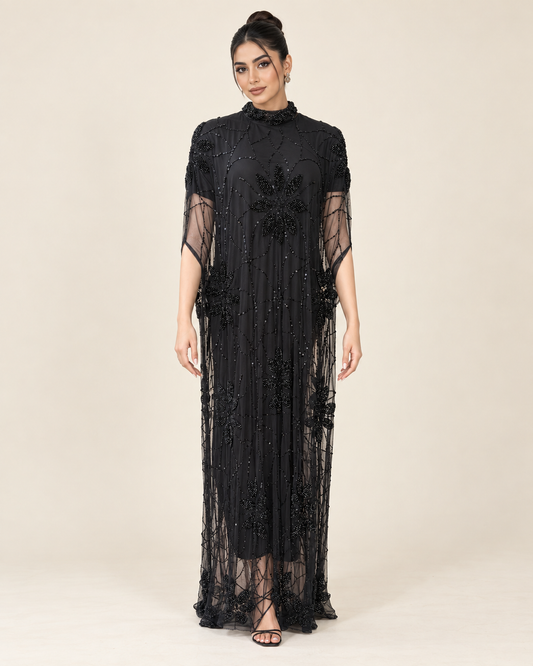 Layali Black Beaded Cashmere Kaftan