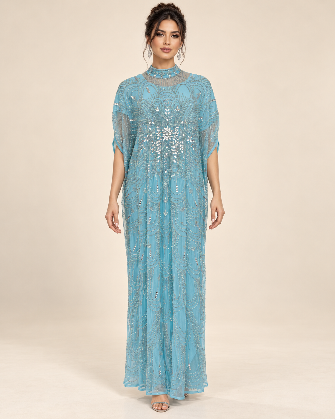 Areej Aqua Crystal Cashmere Kaftan