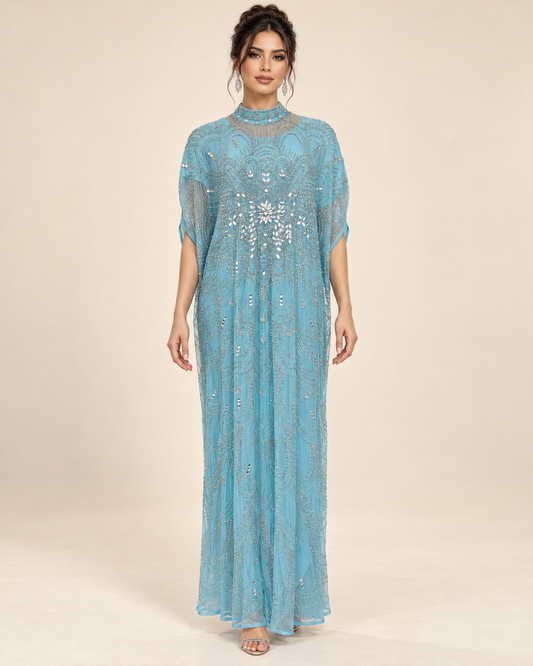 Areej Aqua Crystal Cashmere Kaftan