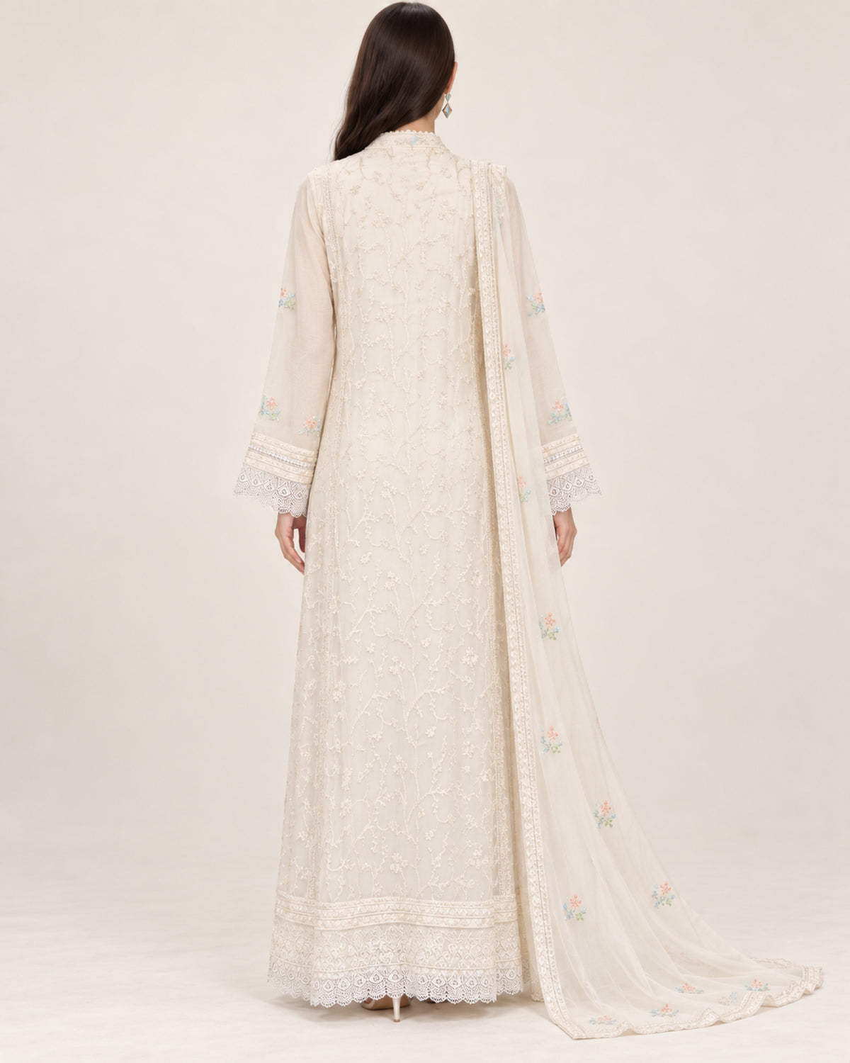 Elara Ivory Pastel Floral Multi-colour Chiffon Fustan