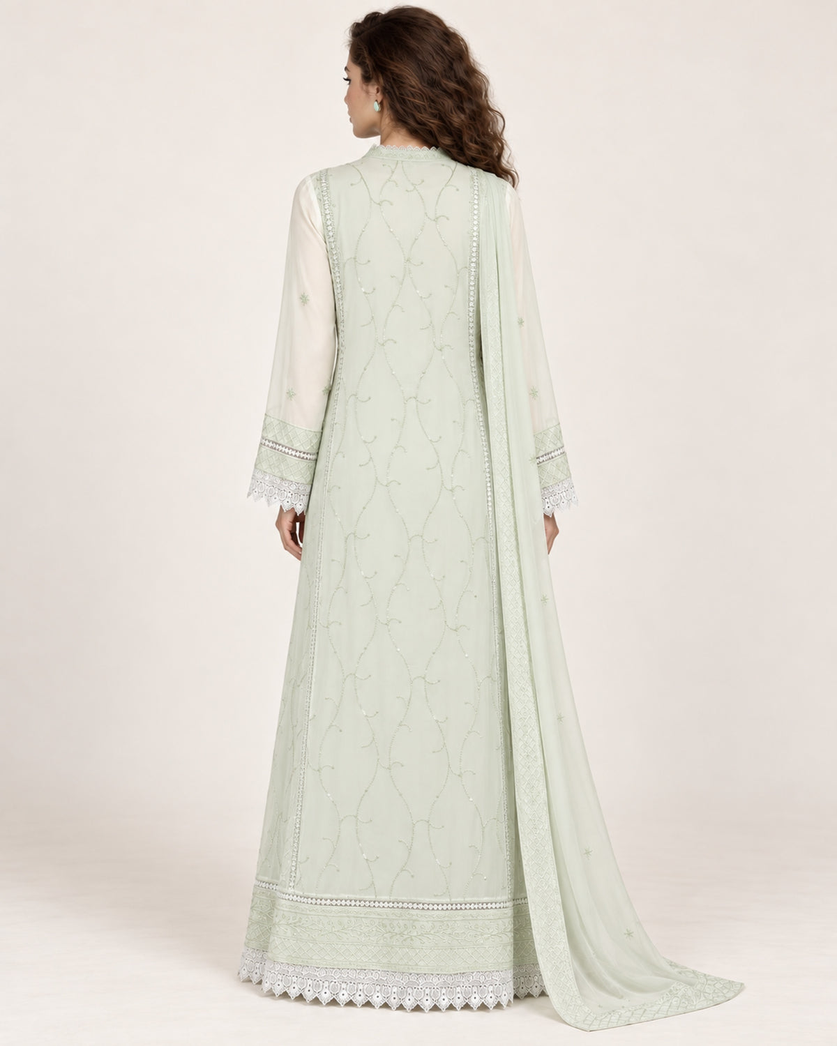 SUKOON — Light Pistachio Embroidered Chiffon Fustan