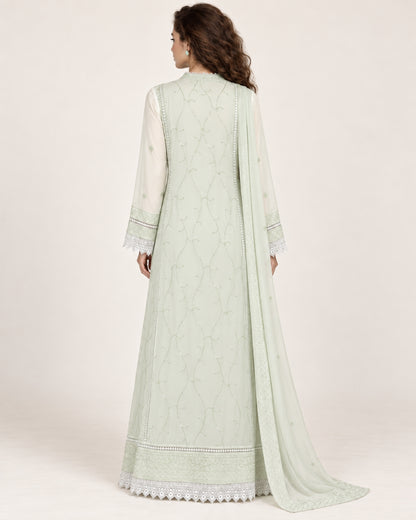 SUKOON — Light Pistachio Embroidered Chiffon Fustan