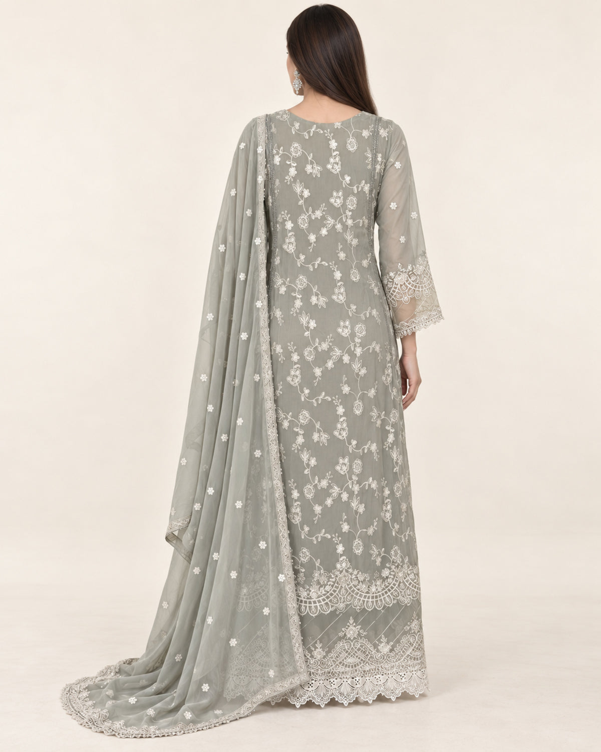 Noura Sage Embroidered Chiffon Fustan