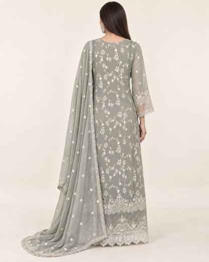 Noura Sage Embroidered Chiffon Fustan