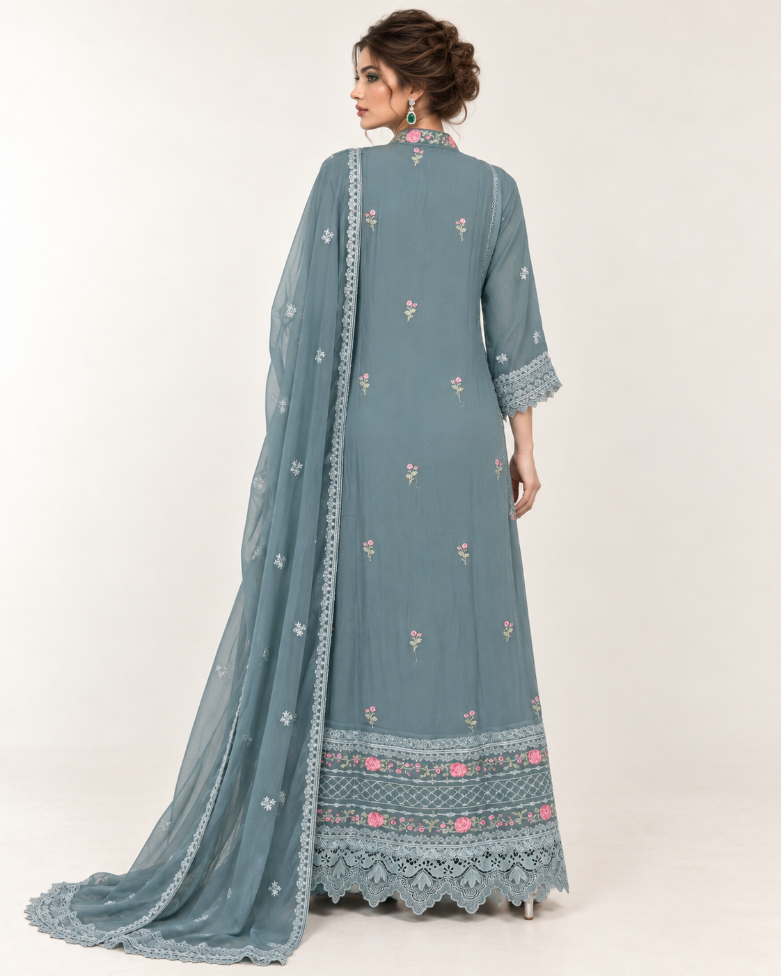Riham Slate Rose Embroidered Chiffon Fustan