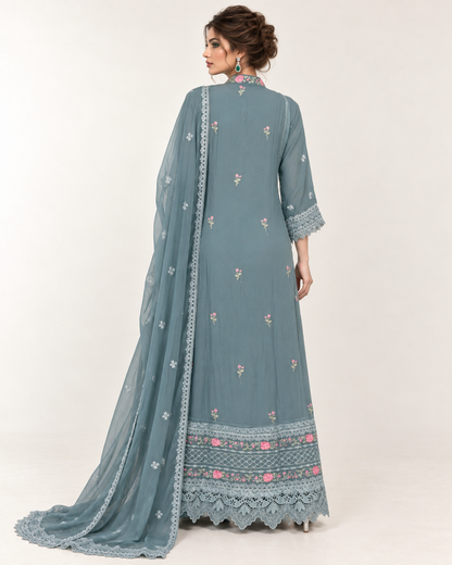 Riham Slate Rose Embroidered Chiffon Fustan